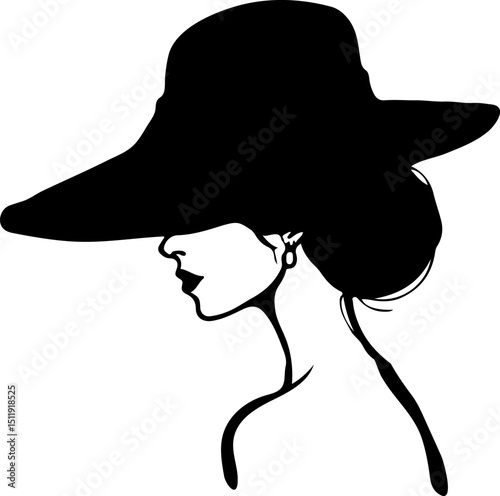 Elegant black silhouette of a woman in a wide-brimmed hat, showcasing sophistication and mystery, perfect for fashion-themed designs, beauty advertisements, or chic decorative elements.