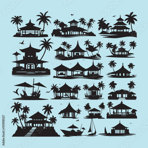 set of black various resort vector silhouettes isolated on white background