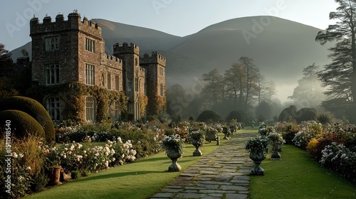 Medieval Stone Castle Rose Garden Mist Panorama, Luxury Wedding Invitation and Real Estate Ad Design Material, Macro Depth Lighting Layer Rendering
 photo