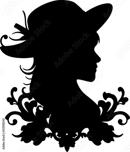 Elegant black silhouette of a Victorian lady with a hat and ornate floral flourishes, perfect for vintage-themed designs, historical projects, or sophisticated decorative accents.