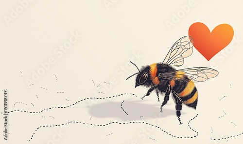 A bumblebee near a heart, following a dotted line
