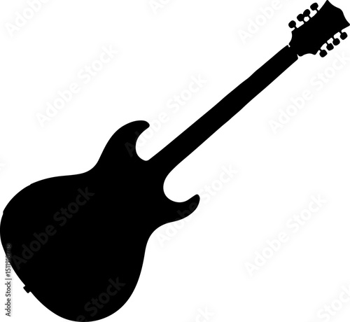 Sleek black silhouette of an electric guitar, perfect for music-themed designs, band promotions, rock and roll graphics, or creative projects emphasizing sound and rhythm.