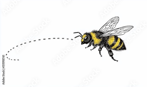 A buzzing bee in flight, following a dotted line path