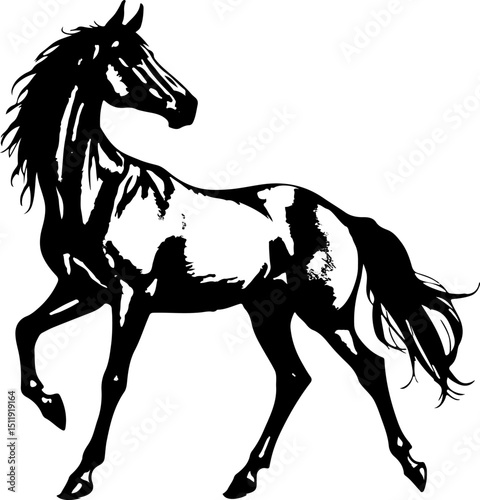 Dynamic black silhouette of a trotting horse with intricate details, perfect for equestrian themes, powerful branding, or artistic designs celebrating strength and grace.