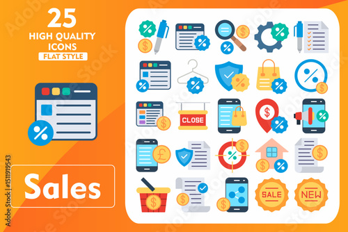 Sales Flat Icon Set. Incleded Icons Pen, Website, Magnifying Glass, Settings, List, Web Page, Hanger, Shield, Shopping Bag, Percentage. Vector Icons Collection