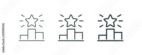 First place award in the competition, pedestal outline icons. Line signs sports podium with five-pointed shining star rays. Vector isolated pictograms for web on white background editable stroke.