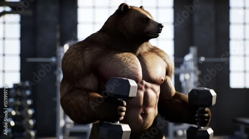 video anthropomorphic Bear exercising doing biceps curls with dumbbells