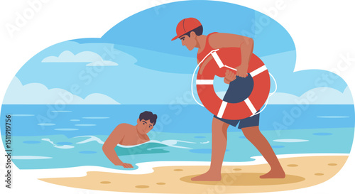Lifeguard carrying life preserver running on beach rescuing swimmer in ocean safety water rescue summer vacation concept