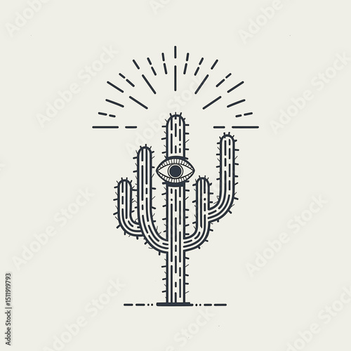 Cactus with Eye and Radiant Sunburst Design