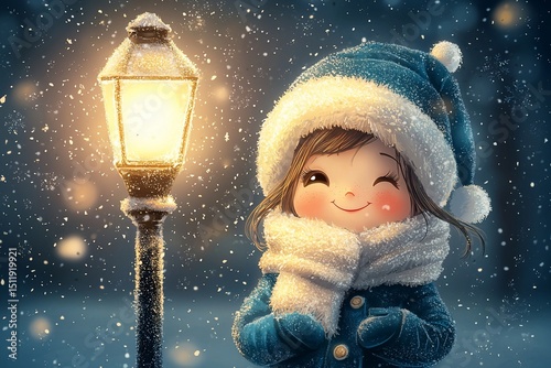 A cheerful girl in winter wonderland, gazing at a warm streetlight