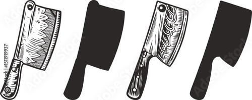 Butcher knives cleavers kitchen tools cooking equipment  ink sketch black and white engraving monochrome vector illustration 