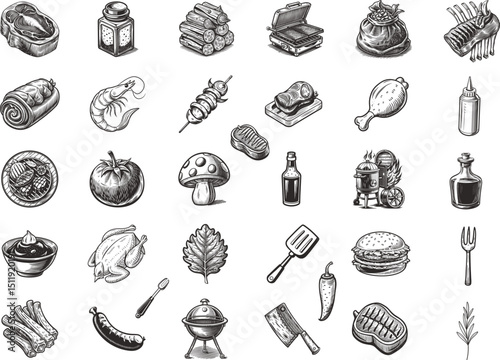 Delicious BBQ grilling food and cooking ingredients hand drawn sketch style illustrations, Grilling food image collection barbecue steak burger vegetables spices grill tools