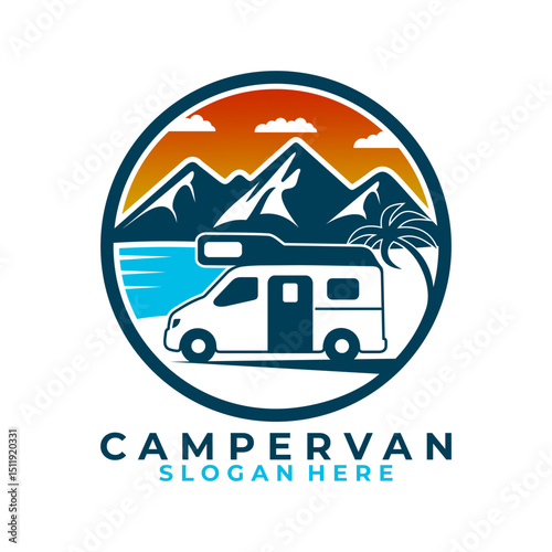Van Traveler logo design vector template. Van Vehicle with View on circle shape logo design vector. Adventure emblem logo design icon