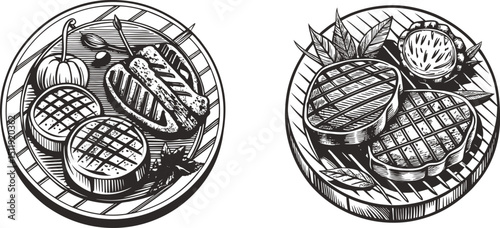 Grilled steaks and vegetables on wooden plates delicious barbecue food ink sketch black and white engraving monochrome vector illustration