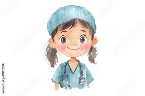 Watercolor illustration of a cute little girl with a medical cap on transparent background