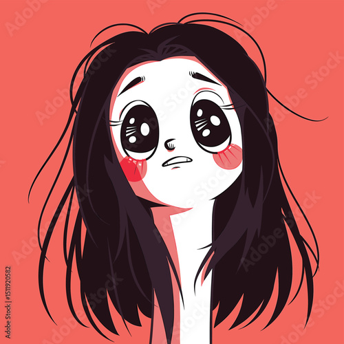 Surprised Animated Character with Flowing Black Hair