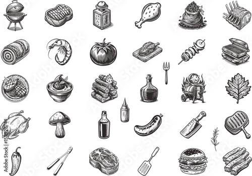 Grilling food vector image collection barbecue steak burger vegetables spices grill tools, A collection of hand-drawn illustrations depicting various grilling food items and barbecue tools