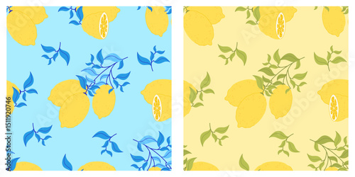 Set of seamless patterns with lemons on yellow and turquoise background. Bright Mediterranean citrus design in flat style.