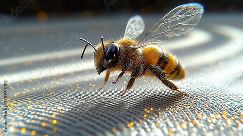 A close-up of a honeybee landing on a textured surface