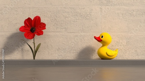 A yellow rubber duck sits on a gray ledge next to a red flower.