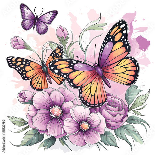 Colorful Butterflies and Flowers in Dreamy Illustration