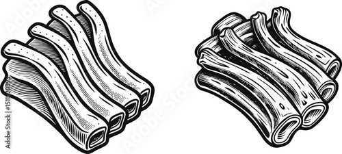 Delicious BBQ ribs ink sketch black and white engraving monochrome vector illustration, Two different views of a rack of ribs suitable for use in culinary designs or menus