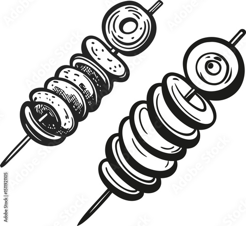 Two skewers of round food items on sticks a spiral and a stack ink sketch black and white engraving monochrome vector illustration