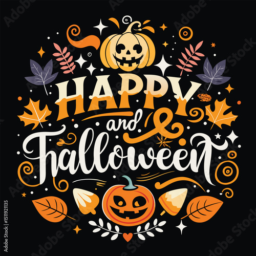 Happy and Halloween Design: A whimsical and festive circular design features the message "Happy Halloween" with artistic leaves, pumpkins, and other symbols associated with the holiday.
