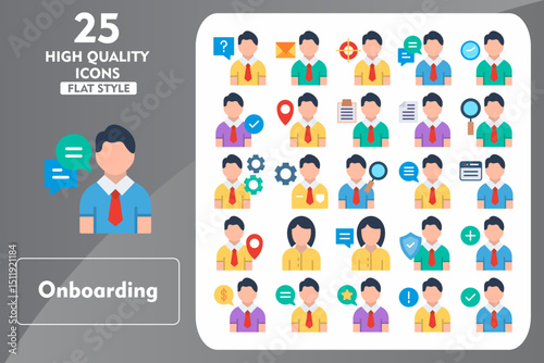 Onboarding Flat Icon Set. Incleded Icons Question, Manager, Insurance, Add User, Payment, Interview, Best Employee, Information. Vector Icons Collection