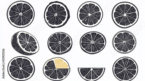 A collection of detailed citrus fruit slices in monochrome