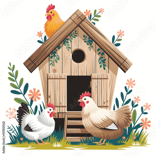 Charming Henhouse Surrounded by Lush Greenery and Flowers