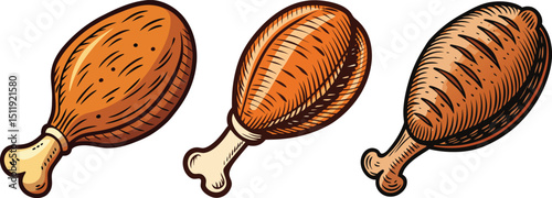 Three roasted chicken drumsticks delicious food illustration, A drawing of three different styles of roasted chicken legs