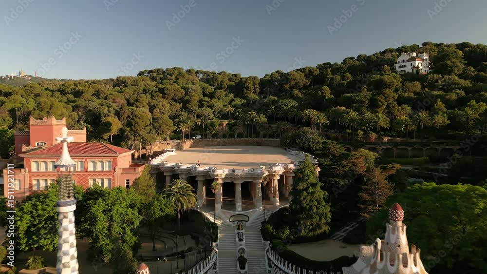 aerial view of parc guell, a landmark tourist attraction in Barcelona, Spain at sunrise, empty