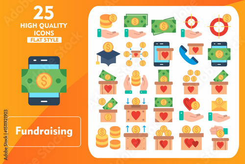 Fundraising Flat Icon Set. Incleded Icons Funding, Give Money, Insert coin, Money, Benefits, Security, Lock, Money saving, Shield. Vector Icons Collection