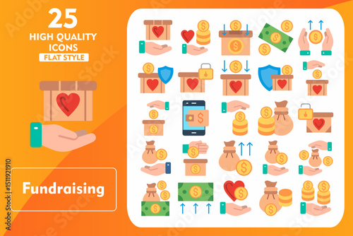 Fundraising Flat Icon Set. Incleded Icons Contributor, Donation, Charity, Email, Coins, Fundraising, Donation, Charity, Donate, Money. Vector Icons Collection