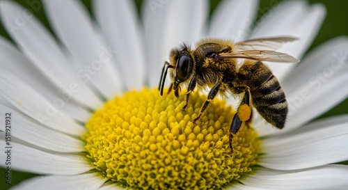 Bee on White Daisy Closeup photo