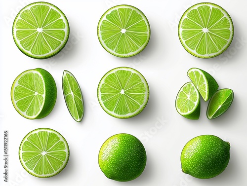 A collection of realistic lime slices and whole limes