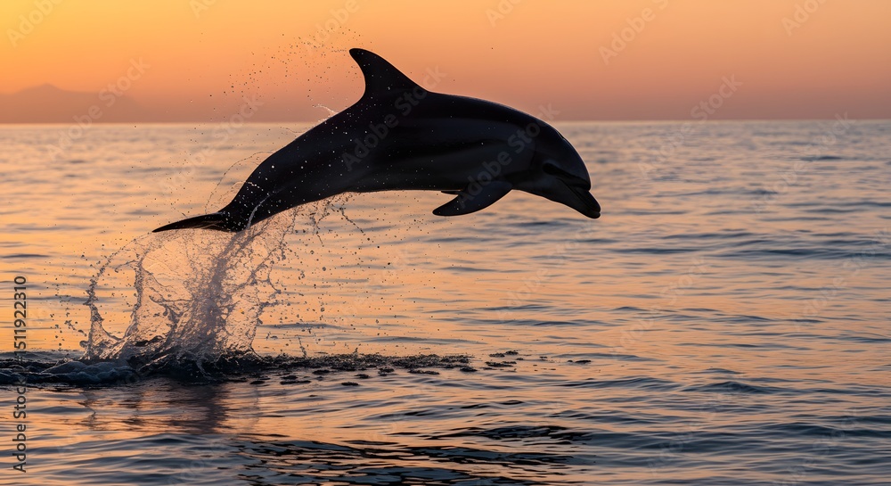 Fototapeta premium Striped Dolphin Leaping at Sunset