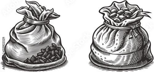 Two burlap sacks filled with different items one with seeds the other with round objects for barbecue vector elements