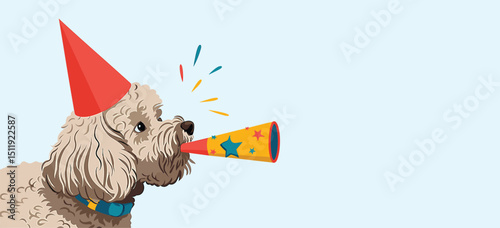 Playful Dog in Party Hat Blowing Horn Celebration