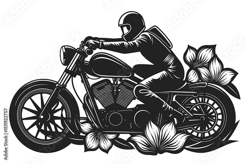 Dynamic Motorcyclist Riding Through Floral Urban Landscape