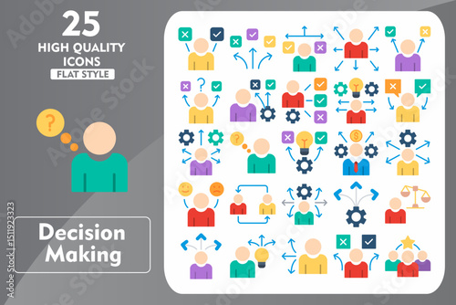 Decision Making Flat Icon Set. Incleded Icons Decision Making, Reasonable, Flexibility, Feasibility, Direction, Uncertainty, Career choice, Decision. Vector Icons Collection