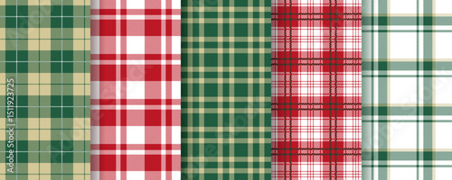 Plaid seamless pattern. Christmas green red background. Gingham check fabric prints. Tartan shirt cloth. Lumberjack tablecloth. Flannel texture. Set of Vichy textile backdrops. Vector illustration