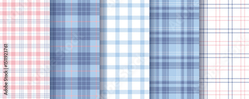 Check blue pink backgrounds. Plaid seamless pattern. Flannel textures. Set fabric prints. Tartan shirt cloth. Lumberjack tablecloth. Geometric checkered textile. Abstract backdrop. Vector illustration