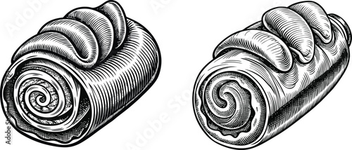 Two delicious spiral sweet rolls pastry baked goods dessert food illustration