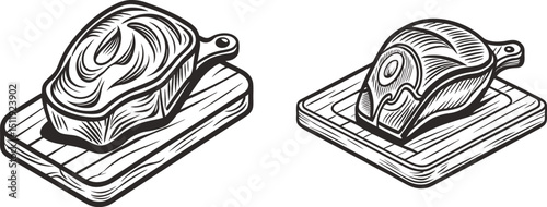 Two delicious steaks on wooden cutting boards ready to cook for barbecue vector elements