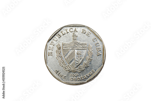 Obverse or heads side of a Nickel 2002 Cuban coin, shows a coat of arms,  name of the country and face value in Spanish reads: 