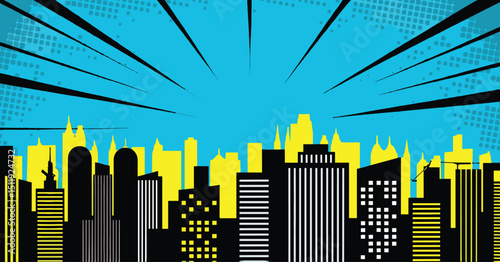 Dynamic Cityscape with Radiant Blue Sky and Silhouetted Buildings