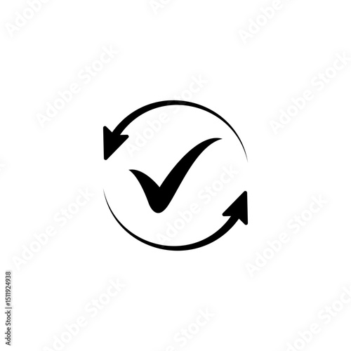 Black round checking process sync approved icon, simple turning arrows syncing flat design pictogram vector for app logo ads web webpage button ui ux interface elements isolated on white background