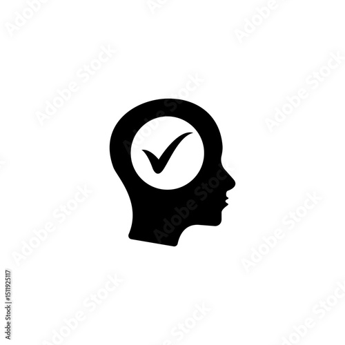checkmark inside black head like happy man. flat cartoon style trend modern simple logotype graphic minimal art design isolated on white background.